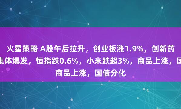 火星策略 A股午后拉升，创业板涨1.9%，创新药、PCB集体爆发，恒指跌0.6%，小米跌超3%，商品上涨，国债分化