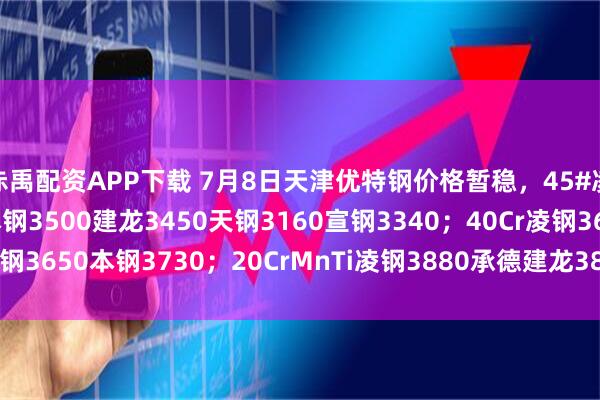 赤禹配资APP下载 7月8日天津优特钢价格暂稳，45#凌钢3480荣钢3340本钢3500建龙3450天钢3160宣钢3340；40Cr凌钢3650本钢3730；20CrMnTi凌钢3880承德建龙3860。（单位：元/吨）